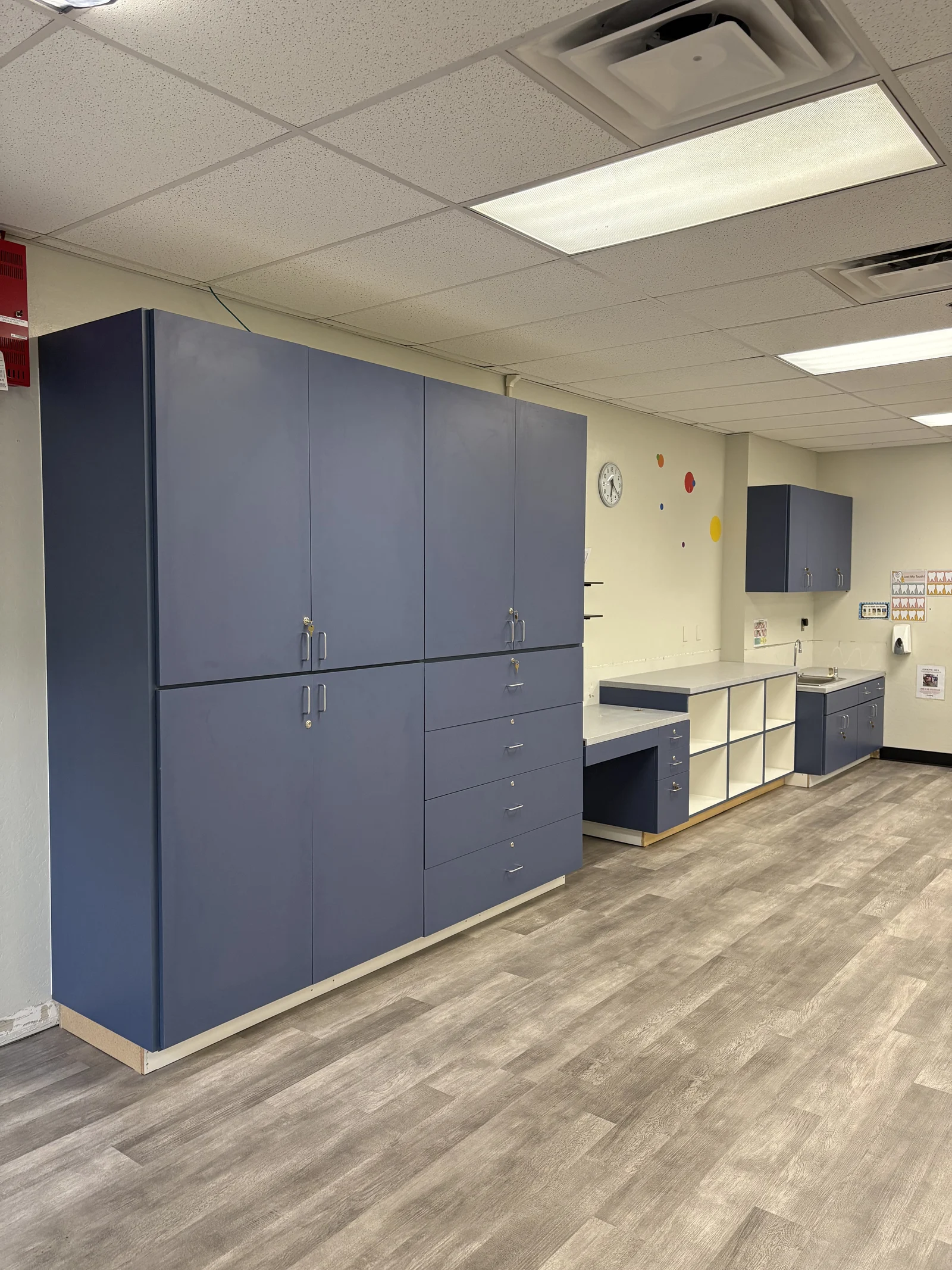 Blue commercial cabinetry with integrated work surfaces