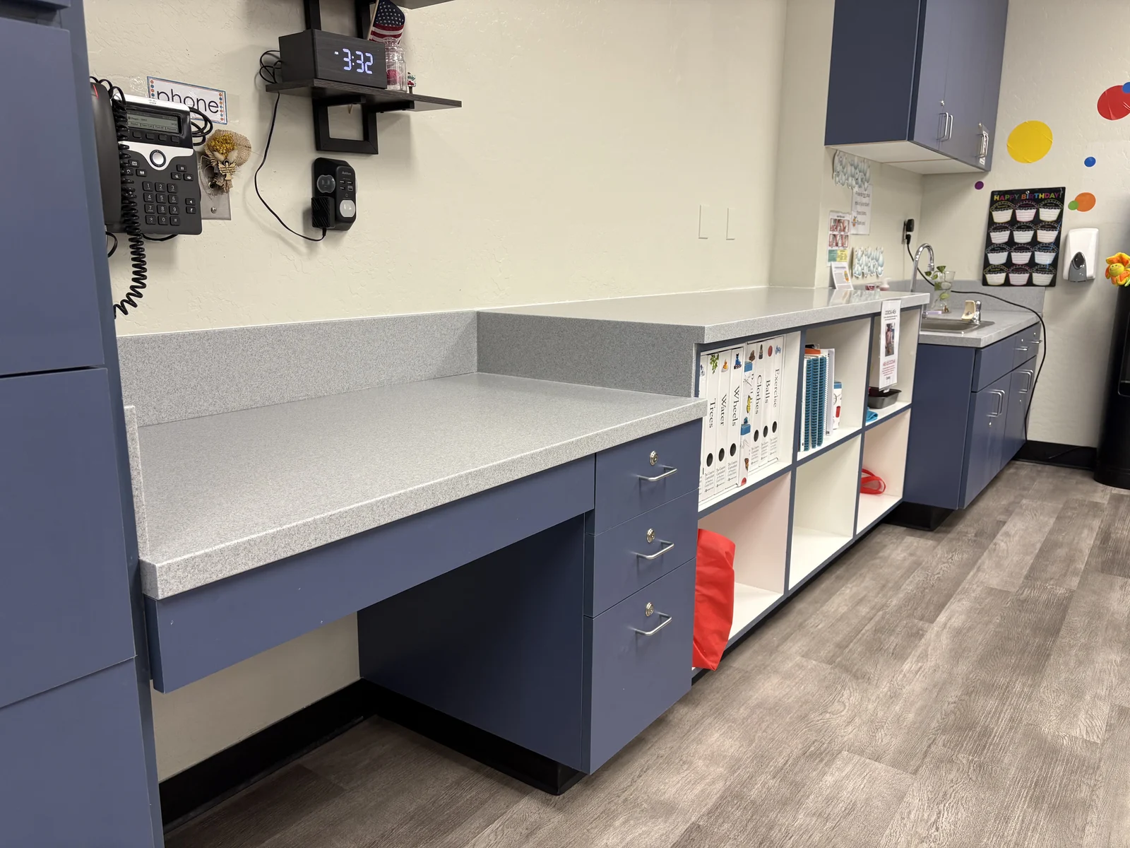 Blue commercial cabinets and long work counter