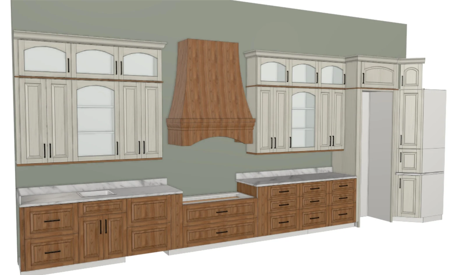 Elevation rendering of detailed custom kitchen cabinetry