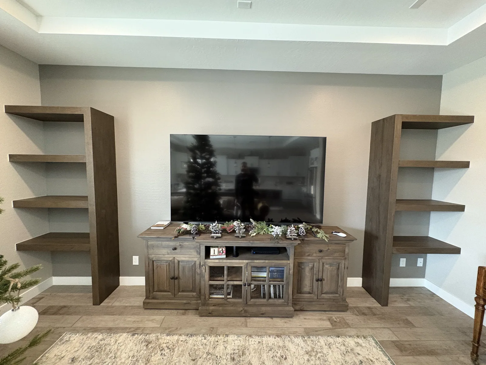 Custom entertainment center with open display towers