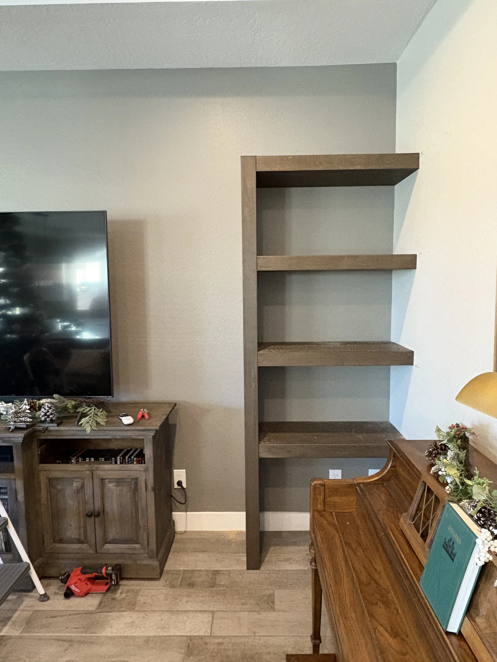 Close view of entertainment center display shelves