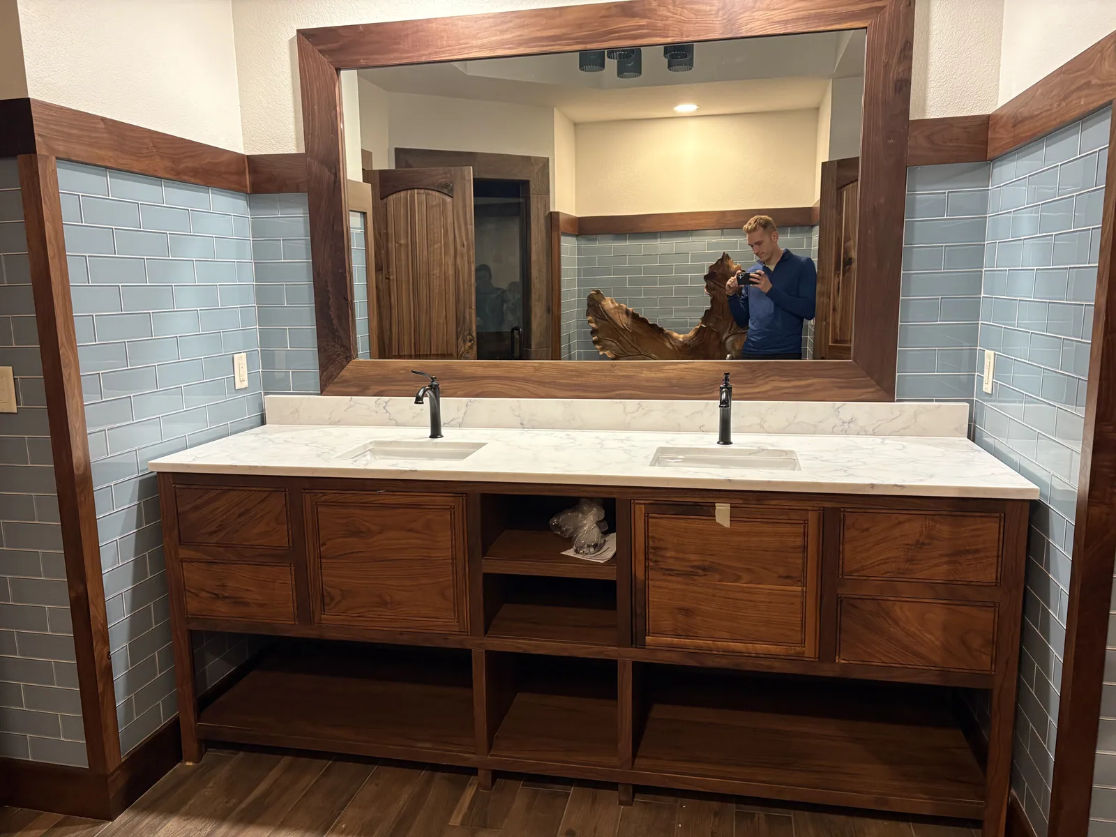 Custom walnut double bathroom vanity
